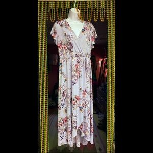 Baby blue floral midi faux wrap dress by Bobeau